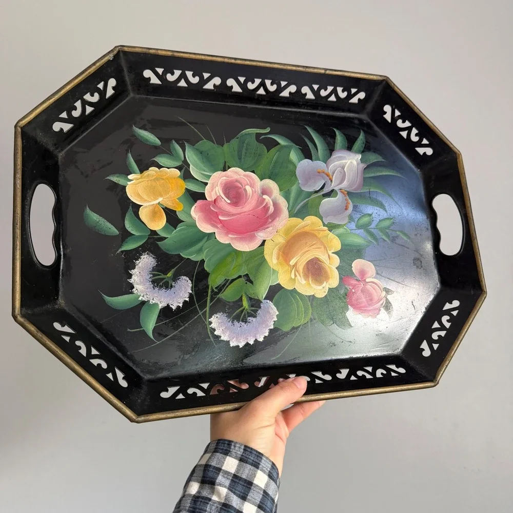 Vintage Toleware Hand Painted Floral Metal Serving Tray Black Gold Pierced Edge